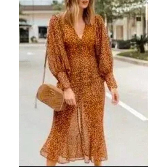 C/MEO Collective Leapark Dress Chiffon Long Sleeve Animal Print Flowy Feminine - Picture 1 of 15